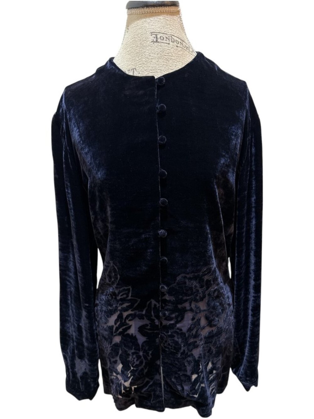 Saks Fifth Avenue Folio Sz M Blue Velvet Floral Burnout Silk Bld Loop/Button Top